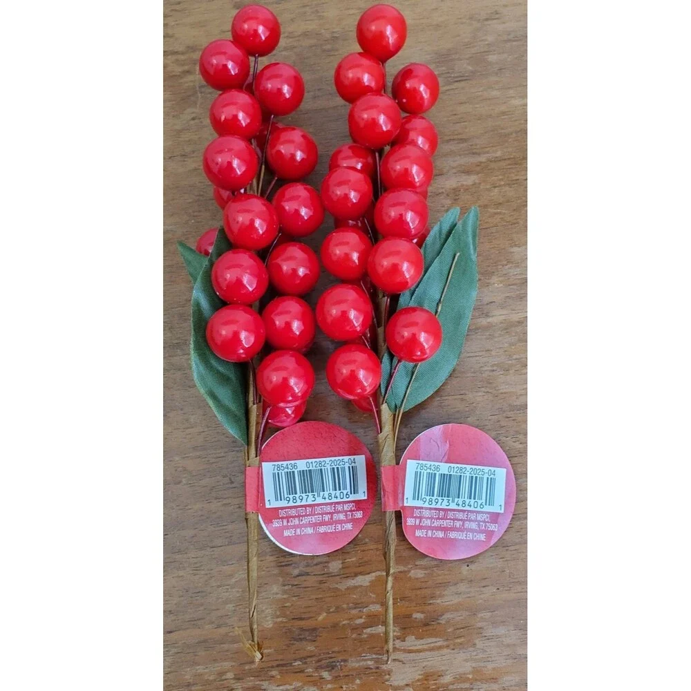 Ashland Floral Picks 2 Red Berries Laquered Foam Fabric Leaves 8